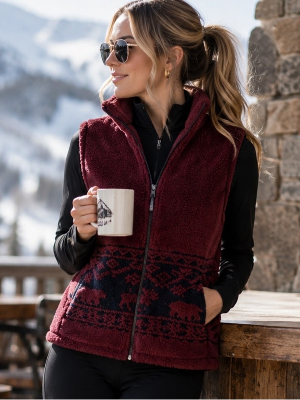 Vintage Black Diamond USA Fleece Ski Vest – Burgundy with Moose & Bear Pattern